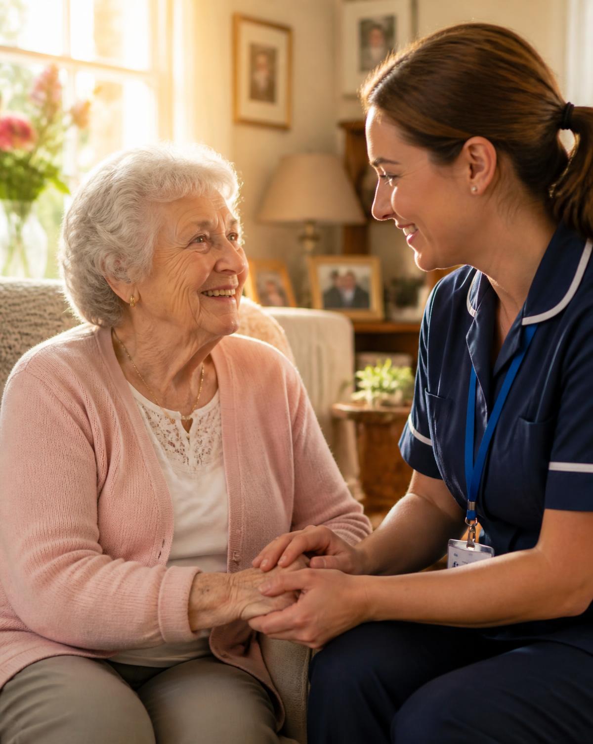 A smiling elderly person holding hands with a professional carer in a comfortable home setting